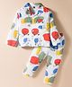 Evimo Single Jersey Knit Full Sleeves Co-Ord Night Suit with Kangaroo & Vehicle Print - Offwhite