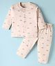 Zero Interlock Knit Full Sleeves Front Open Co-Ord Night Suit With Vehicle Print - Beige