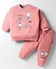 Zero Fleece Knit Full Sleeves Winter Sweatshirt & Lounge Pant Set with Animal Print - Pink