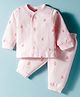 Zero Fleece Knit Full Sleeves Co-ords Front Open Winter Wear T-Shirt & Lounge Pant Set with Bird Print - Pink