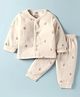 Zero Fleece Knit Full Sleeves Co-ords Front Open Winter Wear T-Shirt & Lounge Pant Set with Bird Print - Beige