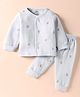Zero Fleece Knit Full Sleeves Co-ords Front Open Winter Wear T-Shirt & Lounge Pant Set with Bird Print - Light Grey