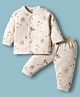 Zero Sinker Knit Full Sleeves Front Open Winter Wear Suits Set With Space Print - Offwhite