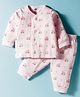 Zero Fleece Knit Full Sleeves Front Open Winter Wear Suits Set With Vehicle Print - Pink