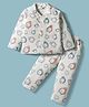 Zero Sinker Knit Full Sleeves Co-Ord Night Suit With Clock Print - Ivory