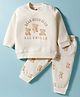 Zero Fleece Knit Full Sleeves Winter Wear Suit Set with Bear Print - Cream