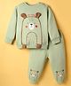 Little Kangaroos Cotton Knit Full Sleeves Winter Wear Suit With Bear Print & Ear Applique - Light Green