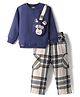 Little Kangaroos Woven Full Sleeves Winter Wear Sweatshirt & Lounge Pant with Checks & Teddy Shaped Pocket - Navy Blue