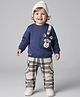Little Kangaroos Woven Full Sleeves Winter Wear Sweatshirt & Lounge Pant with Checks & Teddy Shaped Pocket - Navy Blue