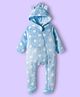 Babyhug Woven Full Sleeves Front Open Footed Hooded Winter Wear Romper with Polka Dot Design - Light Blue