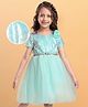 Hola Bonita Knit Half Sleeves Glitter Mesh Party Dress With Sequin Detailing & Floral Applique - Light Blue