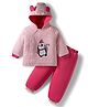 Babyhug Cotton Knit Full Sleeves Hooded Winter Wear Top & Lounge Pant Set With Penguin Embroidery Patch &  Star Print - Pink