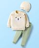 Babyhug Velour Knit Full Sleeves Winter Top & Joggers Set & Cap With Bear Ear Applique - Beige