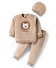 Babyhug Velour Knit Full Sleeves Winter Sweatshirt & Joggers Set With Cap & Lion Patch Embroidery - Tan