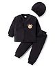 Babyhug Velour Knit Full Sleeves Winter Top & Joggers Set & Cap With Lion Patch - Black