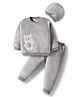 Babyhug Velour Knit Full Sleeves Winter Sweatshirt & Joggers Set With Cap & Bear Patch Embroidery - Grey