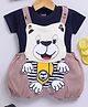 Jb Club Cotton Knit Cute Dog Patch Embroidered & Applique Detailed Dungaree With Half Sleeves Tee Set - Beige