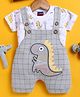 Jb Club Cotton Knit Dinosaur Patch Detailed & Checked Dungaree With Half Sleeves Tee Set - Grey