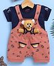 Jb Club Cotton Knit Teddy Bear Applique Detailed Dungaree With Half Sleeves Tee Set - Brown