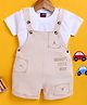 Jb Club Cotton Knit Teddy Bear Embroidered Dungaree With Half Sleeves Tee Set - Beige