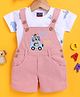 Jb Club Cotton Knit Car Printed & Embroidered Dungaree With Half Sleeves Tee Set - Peach