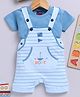 Jb Club Cotton Knit Striped & Boat Embroidered Dungaree With Half Sleeves Tee Set - Blue