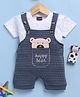 Jb Club Cotton Knit Checked & Teddy Bear Patch Embroidered Dungaree With Half Sleeves Tee Set - Blue