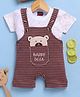 Jb Club Cotton Knit Checked & Teddy Bear Patch Embroidered Dungaree With Half Sleeves Tee Set - Brown