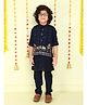 Ministitch Cotton Silk Woven Full Sleeves Solid Kurta & Pant With Animals Foil Printed Jacket Set - Navy Blue