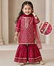 Babyhug Woven Three Fourth Sleeves Kurti Gharara Set with Dupatta & Floral Glitter Print - Maroon
