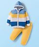 Babyhug Knit Full Raglan Sleeves Front Open Hooded Sweater Set with Color Block - Blue