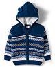 Babyhug Knit Full Sleeves Front Open Hooded Sweater with Aztec Design & Ear Applique - Navy Blue