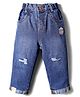 Little Kangaroos Denim Woven Full Length Distressed Jeans With Bear Patch - Navy Blue