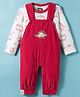 Little Kangaroos Cotton Woven Full Sleeves Dungarees With Dino Printed T-Shirt - Red
