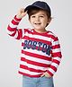 Babyhug 100% Cotton Full Sleeves Striped T-Shirt with Boston Print - White & Red