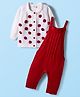 Babyhug Sweater Knit Winter Wear Dungaree Style Romper & Full Raglan Sleeves Inner Tee with Polka Dot & Cable Knit Design - White & Red
