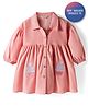 Bonfino 100% Cotton Corduroy Woven Full Sleeves Shirt Dress with Cupcake Embroidery Patch Applique - Pink