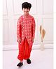 Elaisha Woven Full Sleeves Ethnic Foil Printed Kurta & Coordinating Dhoti Set - Red & Orange