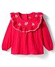Babyhug Cotton Lycra Knit Full Sleeves Top with Frill Detailing & Floral Embroidery - Red