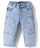 Bonfino Woven Full Length Washed Jeans With Floral Embroidery - Light Blue