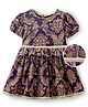 EARTHY TOUCH Single Jersey Knit Half Puffed Sleeves Ethnic Dress with Floral Glitter Print & Lace Detailing - Purple