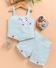 TOONYPORT Cotton Knit Sleeveless Floral Patch Embroidered Coordinating Top & Shorts Set - Blue