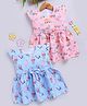 TOONYPORT Cotton Knit Pack Of 2 Cap Sleeves Vehicles & Ice Creams Printed Bow Applique Detailed Dresses - Pink & Blue