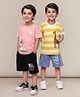 TOONYPORT Cotton Knit Pack Of 2 Half Sleeves Space Theme Printed & Striped Coordinating Tees & Shorts Set - Pink & Yellow
