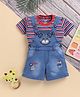 TOONYPORT Cotton Knit Animal Embroidered Mild Washed Dungaree With Half Sleeves Striped Tee - Blue