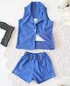 Qvink Cotton Woven Sleeveless Solid Jacket & Coordinating Shorts With Inner Top Set - Blue