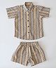 Qvink Cotton Knit Half Sleeves Chevron Designed Coordinating Shirt & Shorts Set - Beige