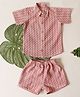 Qvink Cotton Knit Half Sleeves Chevron Designed Coordinating Shirt & Shorts Set - Pink