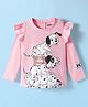 Pine Kids Cotton Knit Full Sleeves Top with Dalmatians Graphics & Frill Detailing - Pink
