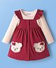 Babyoye 100% Cotton Interlock Knit with Eco Jiva Finish Full Sleeves Inner Tee & Front Open Frock with Bear Print & Bow Applique - Maroon & Cream